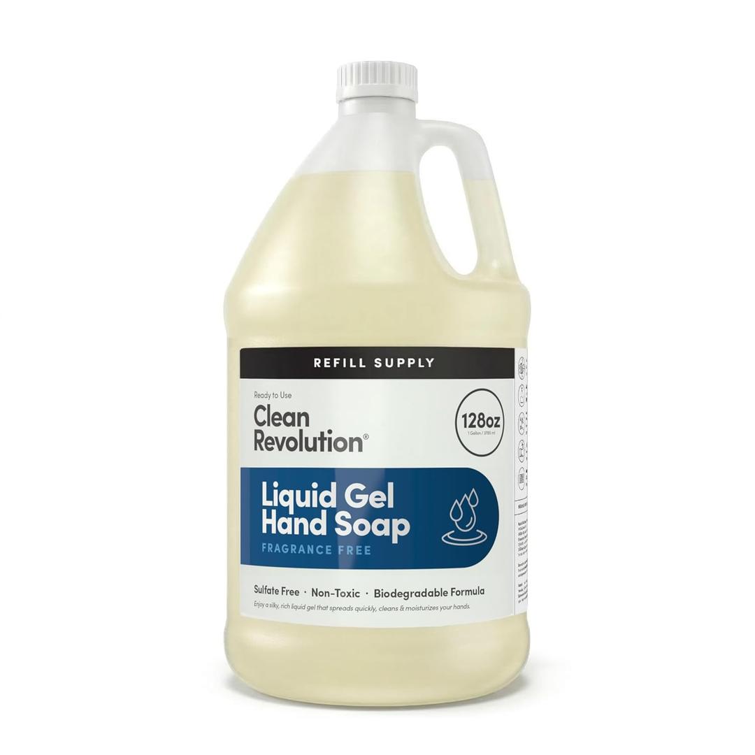 Clean Revolution Liquid Gel Hand Soap, Silky Rich Liquid, Quick Lather, Fast Rinsing, (Fragrance Free) 128 Fl Oz