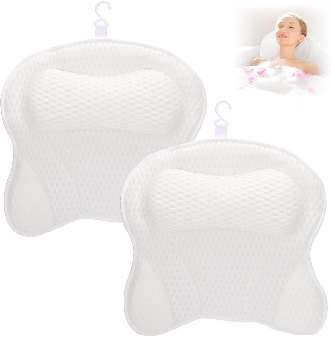 2 Pack Bath Pillow for Tub, Luxury Bathtub Pillow with Head, Neck, Shoulder and Back Support Soft 4D Mesh Bathtub Pillows with 6 Suction Cups - White