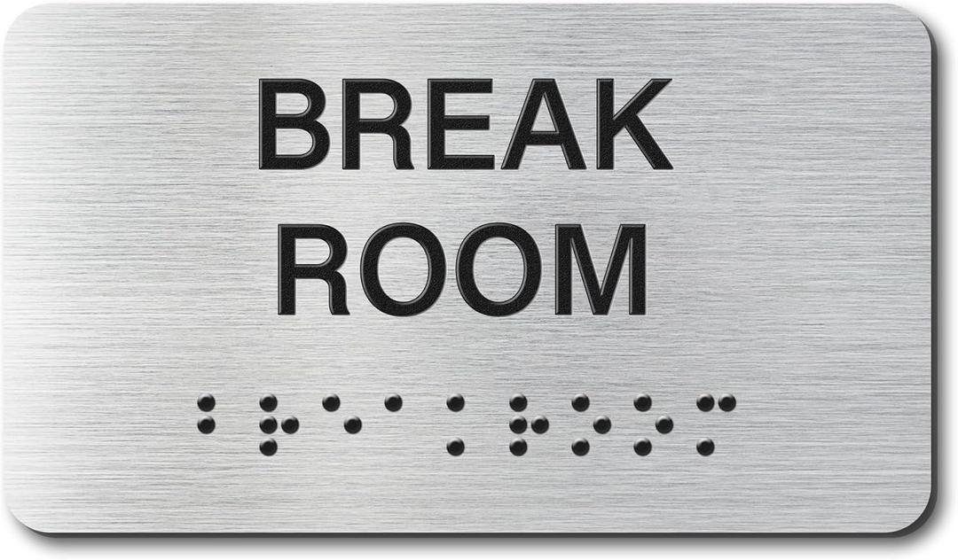 Break Room Signs with Raised Text & Grade 2 Braille, Brushed Aluminum/Silver Finish Easy Install with Double-Sided Tape, ADA Compliant Break Room Door Sign for Businesses & Offices