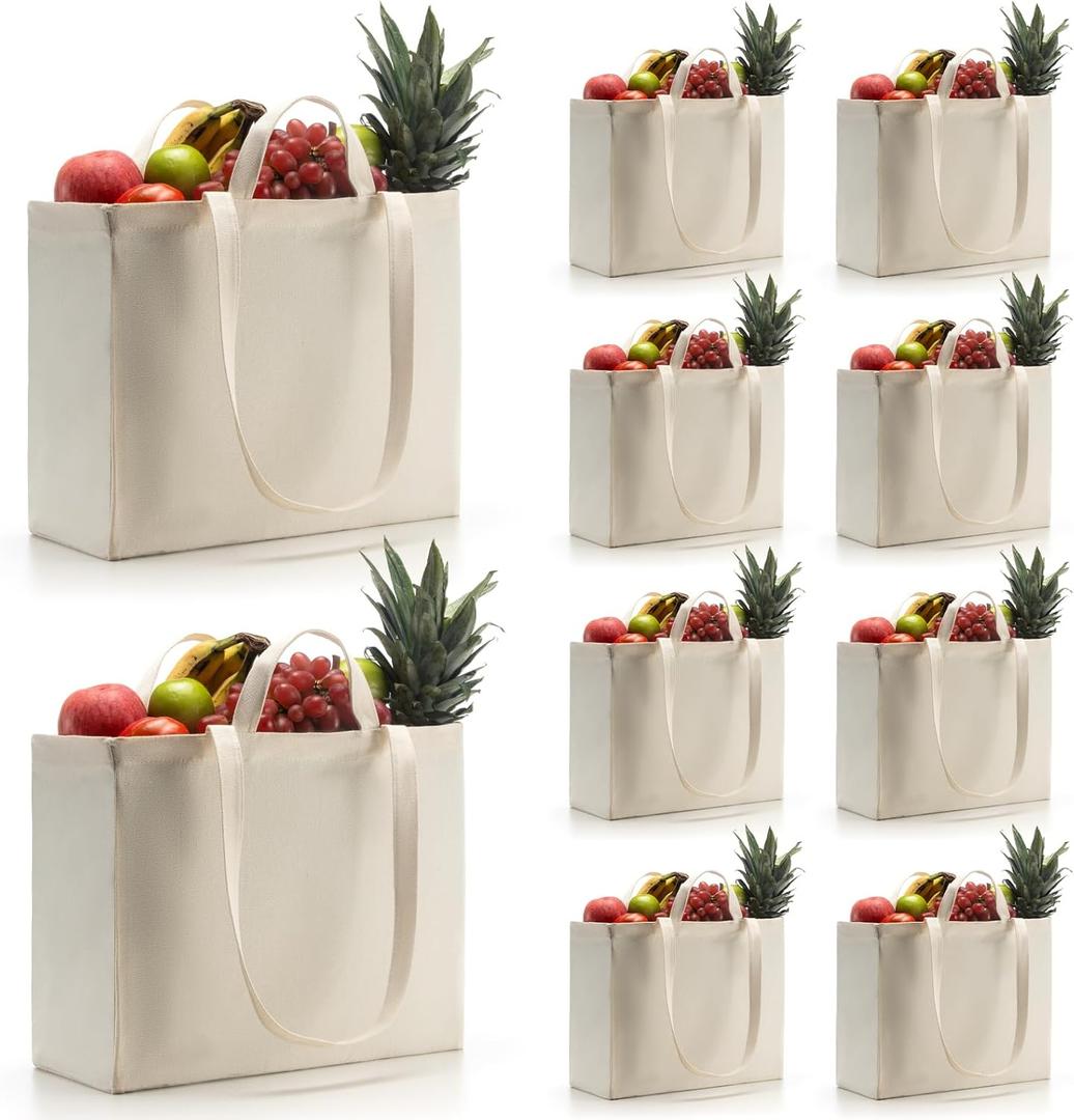Canvas Grocery Bags Canvas Tote Bag with Long Shoulder Strap and Short Handle Heavy Duty, Foldable, Washable | Long / Short Handles (10 Pack)