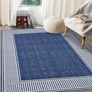 GarveeHome Washable Rug 5x7 for Bedroom Large Living Room Rug with Rubber Backing Casual Striped Border Throw Carpet Modern Contemporary Area Rug for Dining Room Nursery Entry, Blue