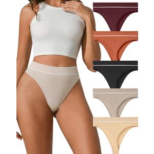 High Waisted Seamless Thongs for Women Nylon Cotton Blend Sexy Invisible Panties Underwear 5 Pack (Large)