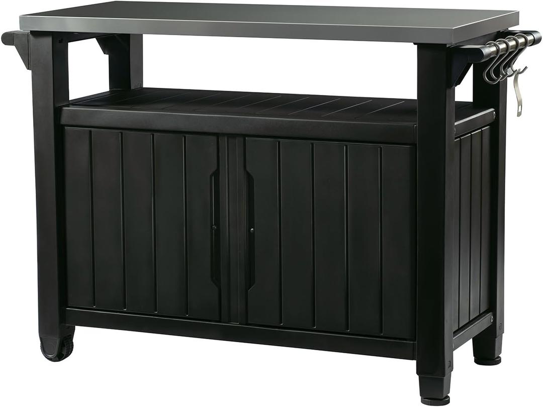 Keter Unity XL Portable Outdoor Table with Stainless Steel Top for Kitchen Prep and Outdoor Storage Cabinet for Grilling Accessories, Dark Grey (Black)