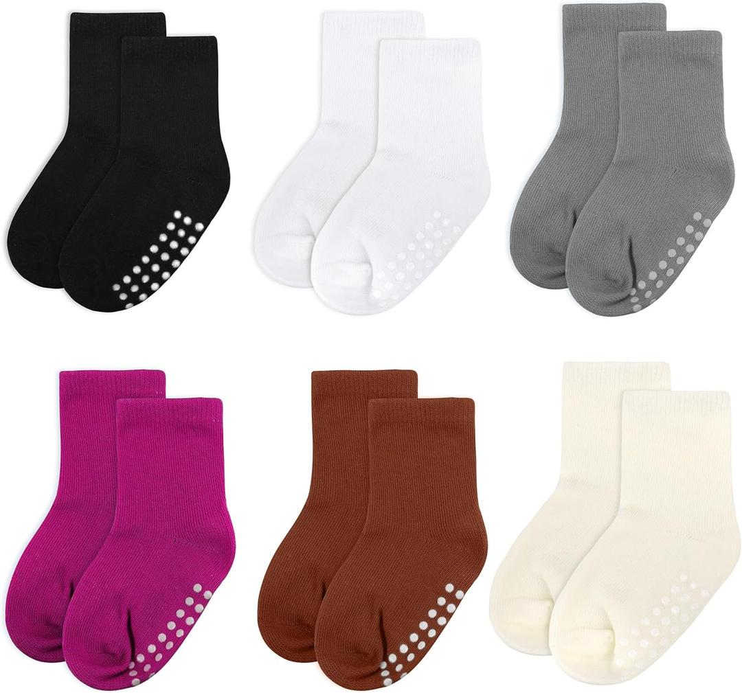 2 x 6 pack baby socks, cotton crew children's socks, non-slip grip socks, unisex, for toddlers, boys, girls, 12-24 Months (6 Pairs-black/White/Gray/Magenta/Caramel/Cream)