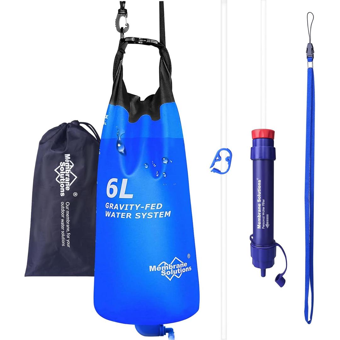 Membrane Solutions Gravity Water Filter Pro 6L, NSF/ANSI 42&372&401 Certified, 0.1 m Versatile Water Purifier Camping with Adjustable Tree Strap Storage Bag, Survival Gear for Emergency Preparedness