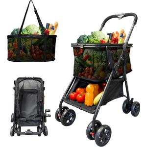 Folding Shopping Cart with Wheels, 80lbs Capacity Shopping Carts for Groceries, Detachable Baskets & 360Swivel Wheels Collapsible Shopping Carts with Double Basket for Laundry, Camping, Transport