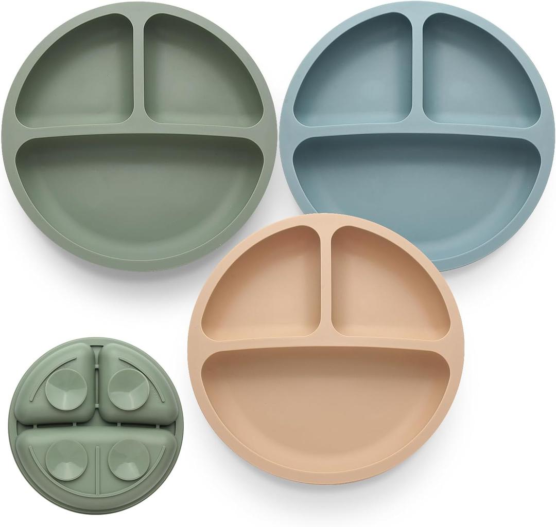 Toddler Plates 3 Pack, Divided Suction Plates for Baby, 100% Food Grade Silicone Baby Plates, Non-Slip, Baby Led Weaning Supplies, Microwave & Dishwasher Safe (Blue)