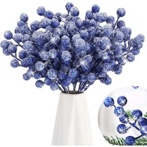 Geosar 30 Pieces Artificial Christmas Berry Picks with Snowflake Glitter Artificial Holly Berry Stems for Christmas Tree Ornaments Vases DIY Crafts Home Wedding Party Holiday Decor(Blue)