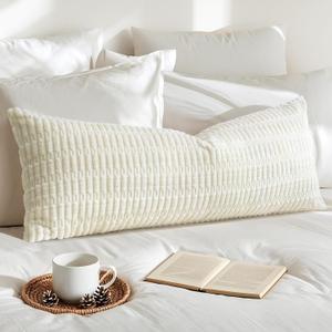 OTOSTAR Corduroy Decorative Lumbar Throw Pillow Cover 14x36 Inch Super Soft Boho Striped Rectangle Pillow Covers Case Modern Cushion Covers for Sofa Couch Bedroom Car Decor Cream Beige