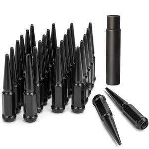 DYNOFIT 14 mm x 1.5 Wheel Spike Lug Nuts, 24 x Black M14x1.5 Lug Nut, Cone/Conical Bulge Seat, DYNOFIT Closed End Nuts with 1 Socket Key for Chevy Silverado Aftermarket Wheel