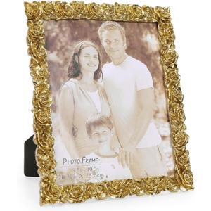 8x10 Picture Frame Vintage, Gold Ornate Rose Flower Resin Photo Frame with Glass Front for Tabletop, Antique Picture Frames for Home Decor
