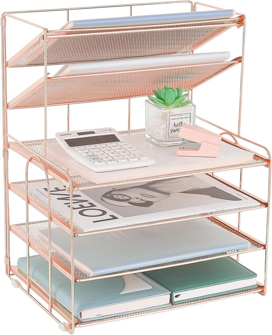 OPNICE Desk Organizers and Accessories, 6-Tier Letter Tray Paper Organizer, Desktop File Organizer, Office Desk Accessories for Office Supplies (Rose Gold)