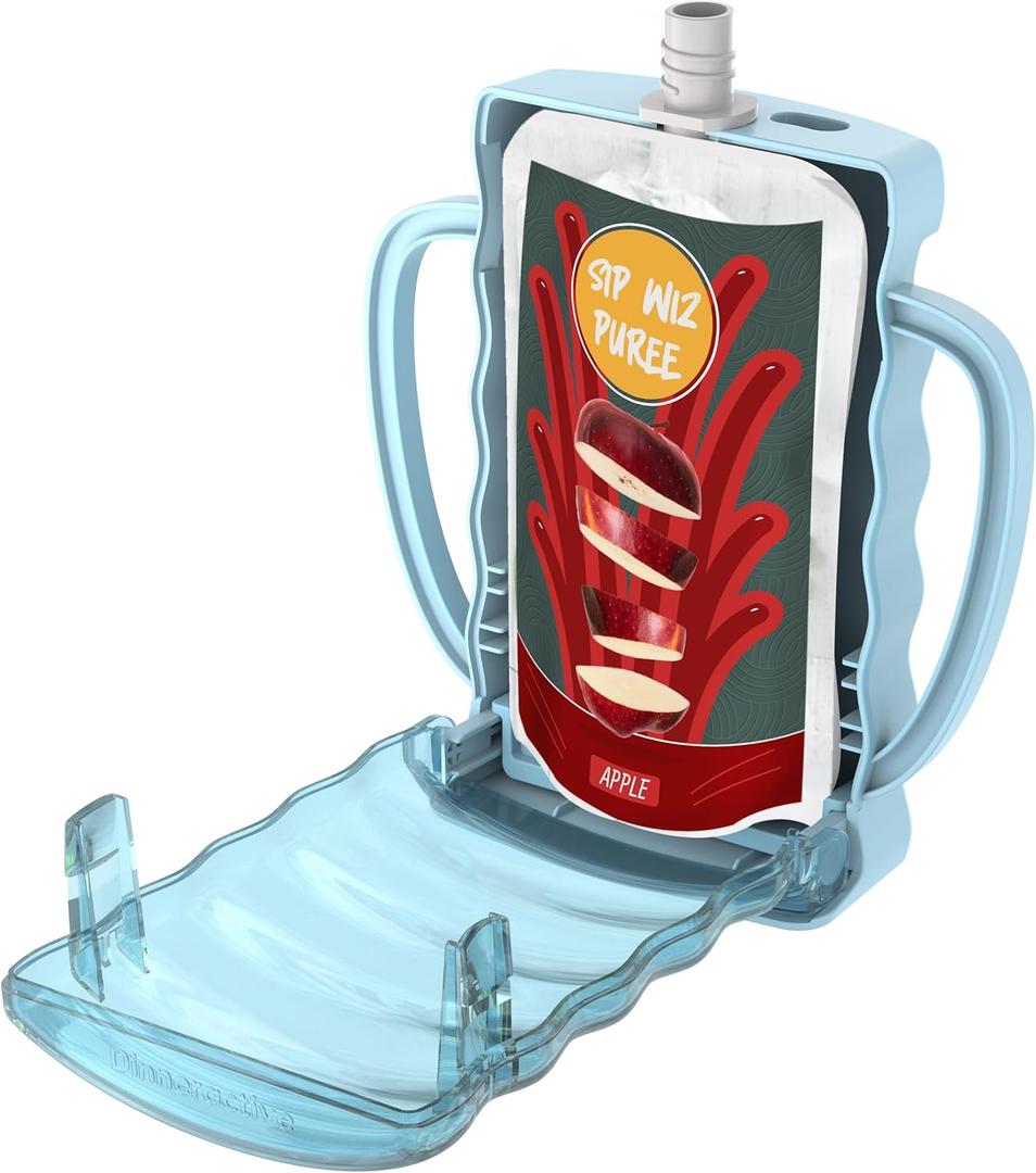 Dinneractive Sip Wiz - Baby Pouch Holder No Squeeze Pouch Food Pouches & Juice Box Holder - Anti-Squeeze Yogurt Pouch Reusable Toddler Essentials (Single Blue)