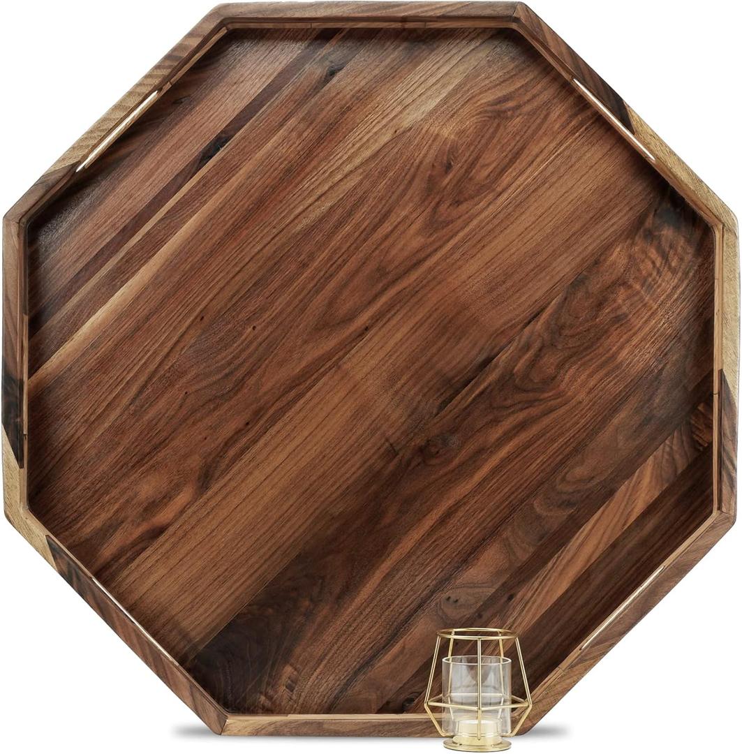 26 Inches Extra Large Octagonal Black Walnut Wood Ottoman Tray with Handles, Serve Tea, Coffee Classic Wooden Decorative Serving Tray