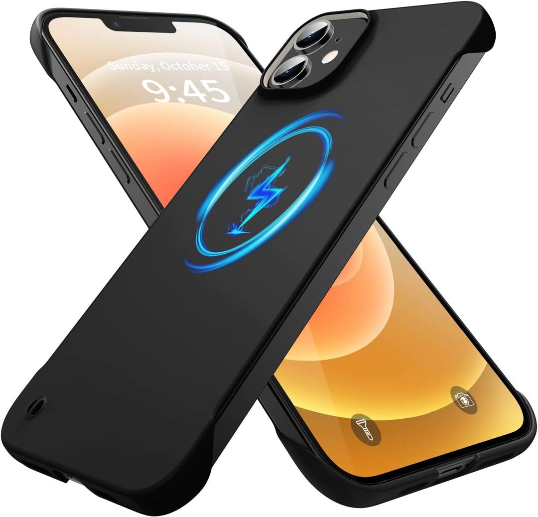 Magnetic Slim Case Fit for iPhone 12 Pro Max Phone Case 6.1"(2020) Ultra-Thin Lightweight Durable Frameless Matte Hard MagSafe Cover Case with Pull Ring Shockproof Non Slip Rope-Black