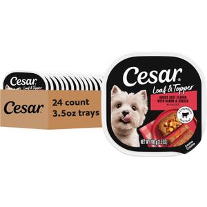 Cesar Loaf & Topper in Sauce Wet Dog Food Angus Beef Flavor with Bacon & Cheese, 3.5 oz. Easy Peel Trays, 24 Count (Pack of 1) (EXP 01/01/28)