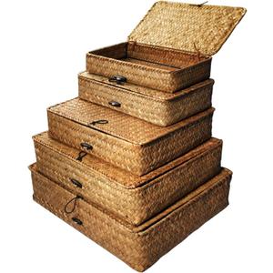 5 Pcs Seagrass Basket with Lid 5 Sizes Decorative Storage Boxes Rattan Wicker Storage Basket with Lids Woven Organizer Baskets Multipurpose Flat Storage Bins for Shelf Closet Bedroom (Brown)