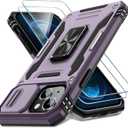 DEERLAMN Case for iPhone 15 with Slide Camera Cover + Screen Protector (2 Packs), Rotated Ring Kickstand Military Grade Shockproof Protective Cover-Deep Purple