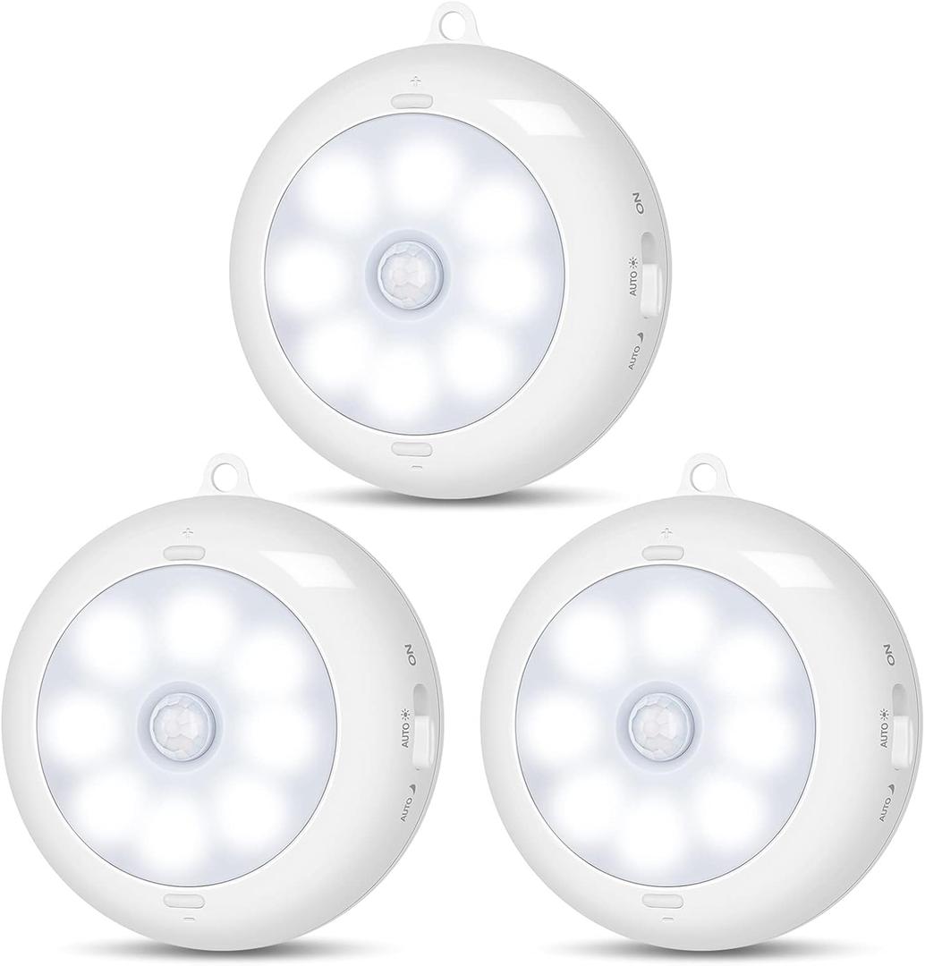 Motion Sensor Light Indoor, LED Night Light Closet Lights, Under Cabinet Lights, AA Battery Operated Stick on Wireless Puck Lights for Wall, Step, Stair, Dimmable (3 Pack) (6000K Clean White-3 Pack)