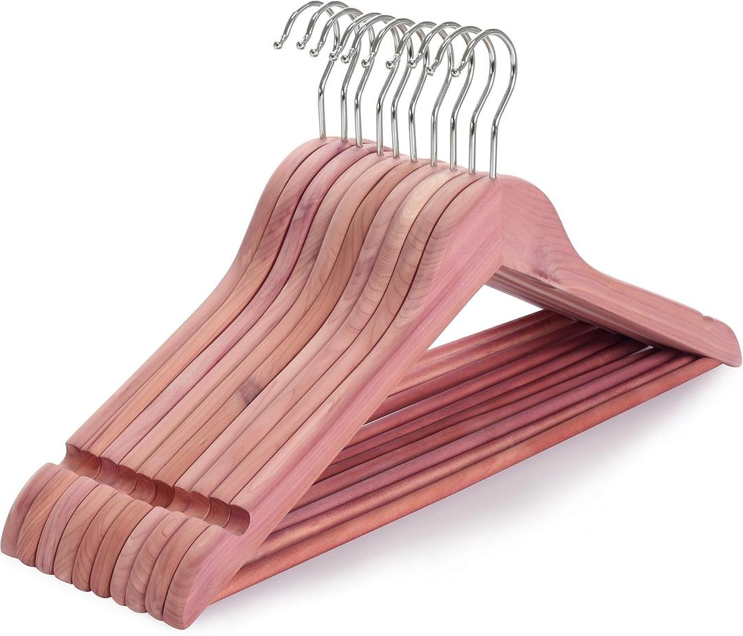 TOPIA HANGER American Red Cedar Wooden Hangers, Clothes Hangers for Closet, Wood Coat Hanger with Smooth Cut Notches, 360Flexible Hook, Non-Slip Pants Bar,10 Pack-CT07C