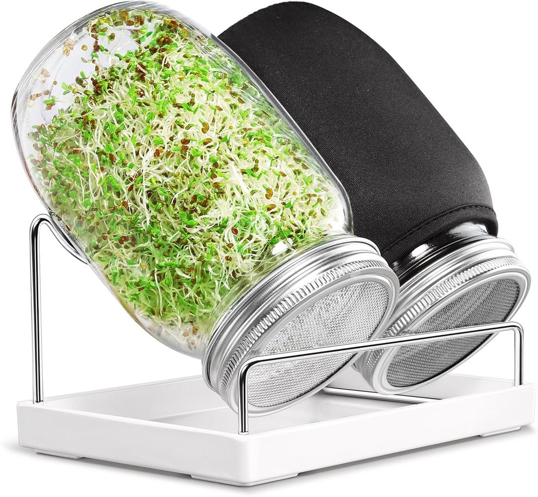 Seed Sprouting Jar Kit - 2 Wide Mouth Mason Jars with 316 Stainless Steel Sprouting Lids Covers, Drip Tray and Stand for Growing Broccoli Alfalfa Beans Sprout (Two Jars)