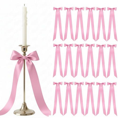 Lyrow 36 Pcs Pink Long Satin Ribbon Bows for Wedding Valentine Candlestick Chairs Hair Bows for Women Bridal Baby Shower Backdrop Wine Glass DIY Birthday Party Table Decor(19.7" x 5.28")