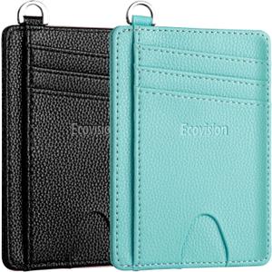 EcoVision Slim Minimalist Front Pocket Wallet, RFID Blocking Credit Card Holder Wallet with Detachable D-Shackle for Men Women (Litchi Black & Ocean Blue)