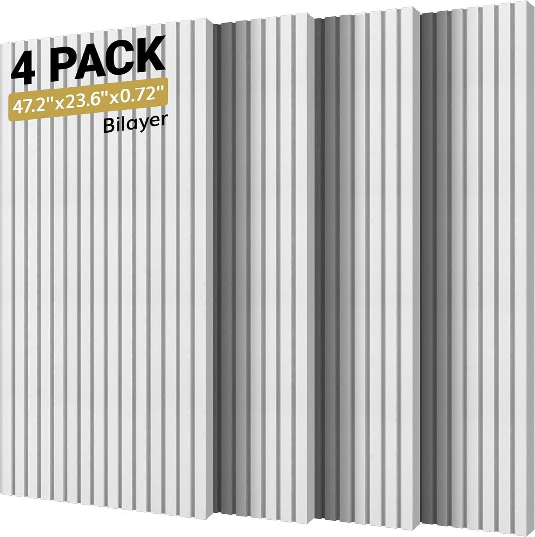 TONOR 4-Pack Bilayer Acoustic Panels Large Self-adhesive, 47.2 * 23.6 * 0.72 Adhesive Wall Panel, Large Soundproof Tiles for Echo Absorbtion, Acoustical Barrier of Polyester Fiber, White