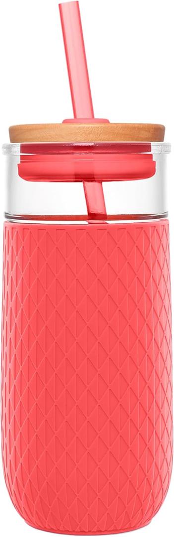 Ello Devon 18oz Glass Tumbler with Straw, Friction Fit Bamboo Wood Lid and Silicone Sleeve | Perfect for Iced Coffee, Tea, Matcha and Smoothies (Coral)
