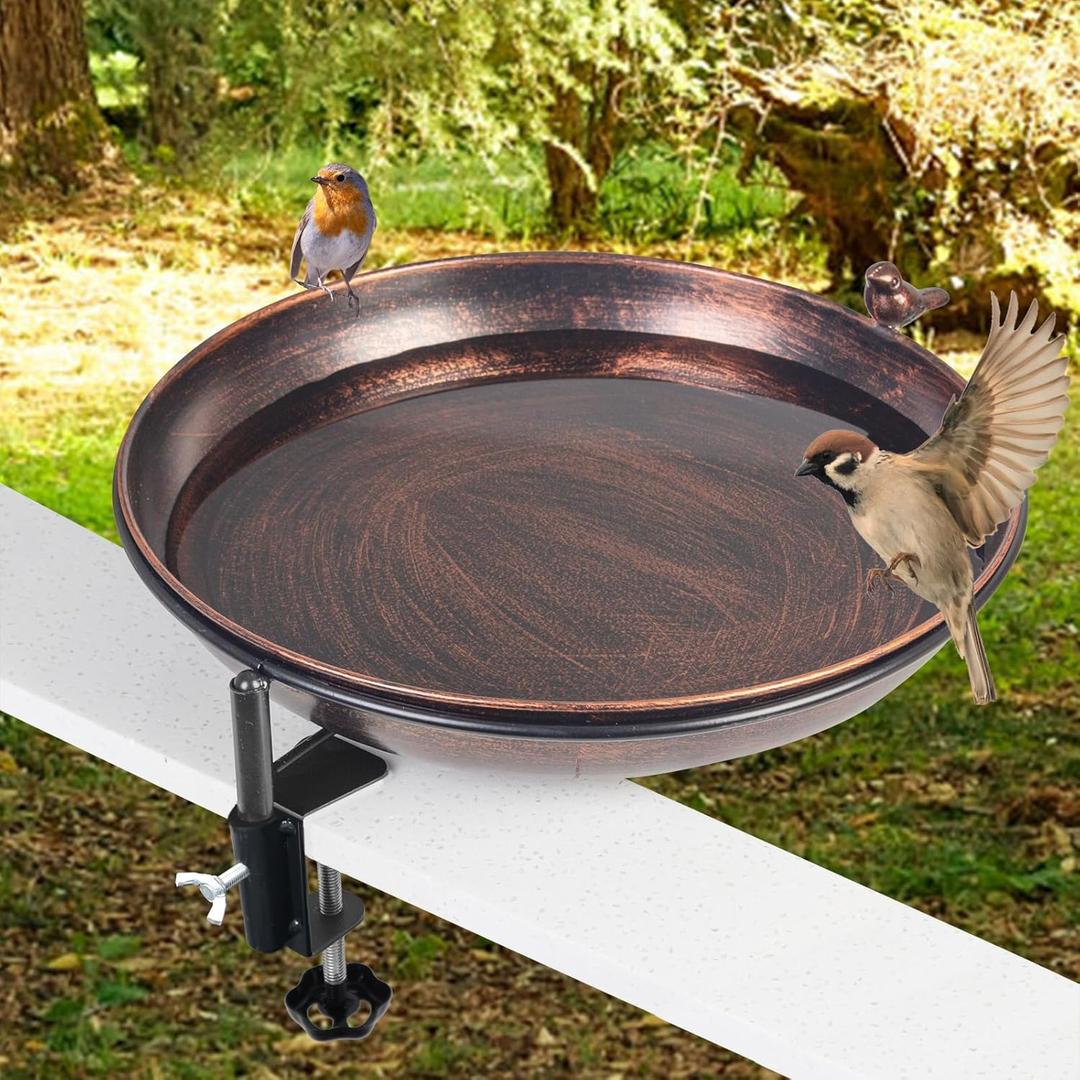 DREAMSOUL Deck Mounted Bird Bath Metal Birdbath Bowl Unheated with Lightweight Detachable, Bird Baths with Adjustable Sturdy Steel Clamp for Deck Railing Balcony Yard Garden Decoration (A-red copper)