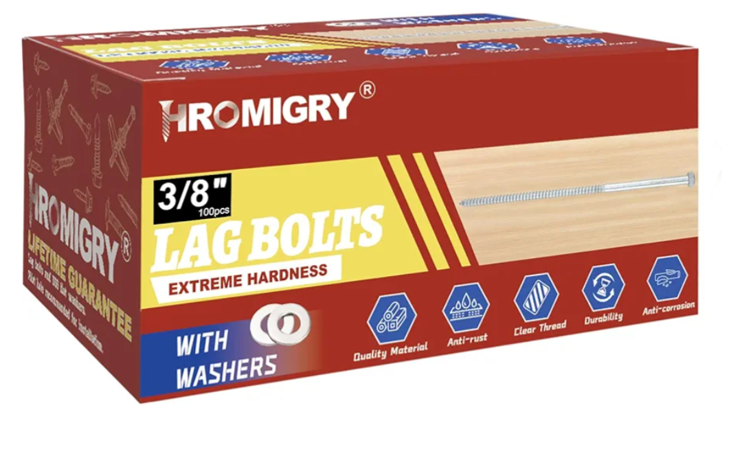 3/8" x 4" Lag Bolts (100 PCS) 3/8 inch Lag Screws for Wood, Heavy Duty Hex Head with Washers, Zinc Plated