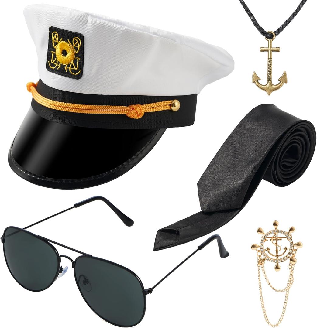 JOYIN Spooktacular Creations 5 Pcs Yacht Sailor Hat Costume Accessories Set, Sailor Costume Set with Hat Sunglasses Necklace Badge Brooch Tie Ship for Halloween Dress up Party Props