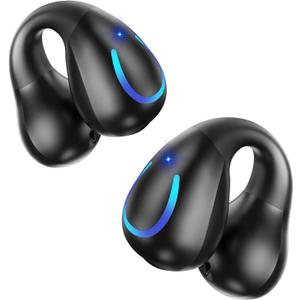 Open Ear Bone Conduction Headphones Bluetooth 5.3 Clip On Earbuds with Digital Display Charging Case 60 Hours Playtime Sport Earphones Built-in Mic IPX7 Waterproof for Running Fitness Black