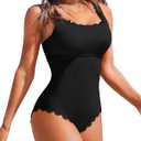 Charmo Womens Scalloped Ribbed One Piece Swimsuits Retro Square Neck Modest Bathing Suits (Large, Black)