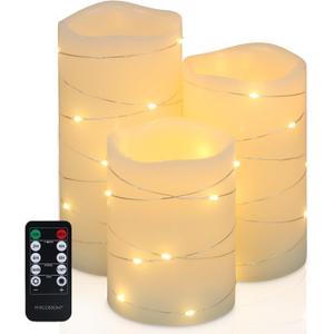 H-BLOSSOM Flickering Flameless Candles Ivory Real Wax Pillar with Embedded String Lights LED Candles Battery Operated with Cycling 5H Timer Set of 3 (3" x 4"/5"/6") (Ivory)
