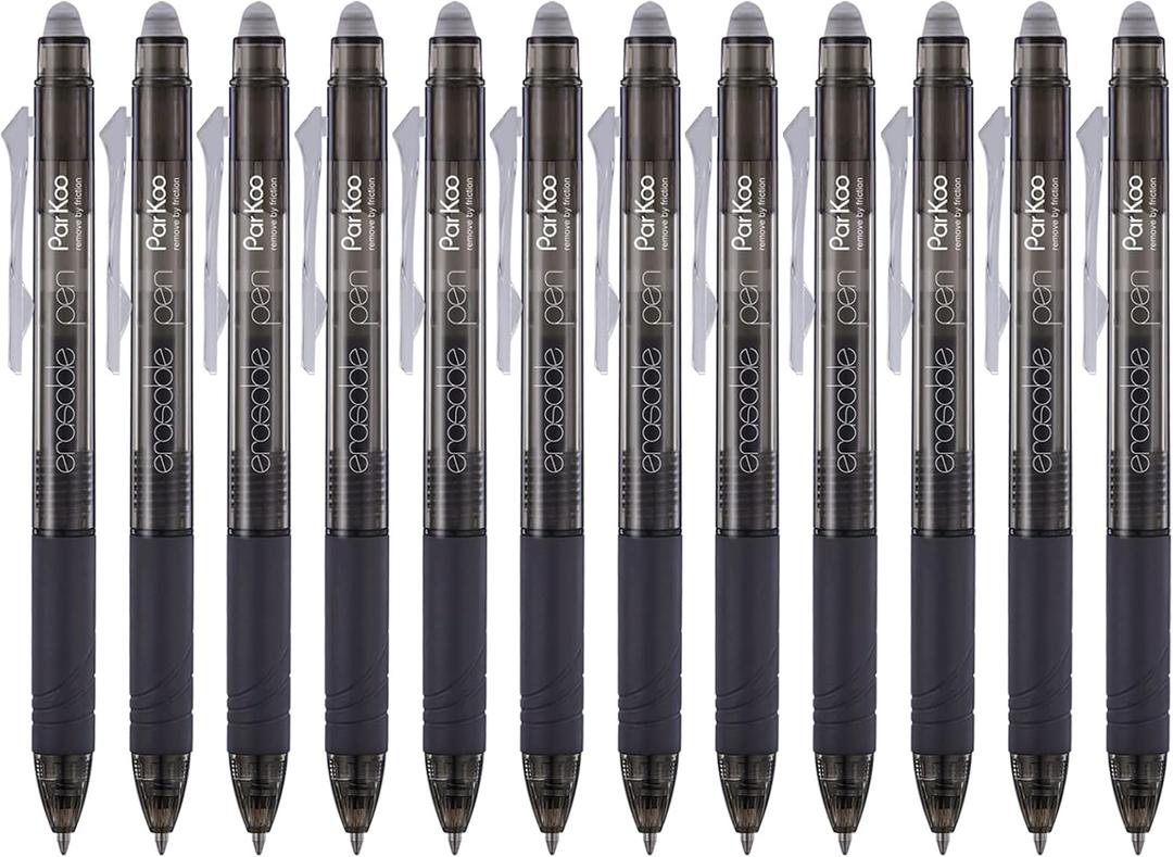 ParKoo Retractable Erasable Gel Pens Clicker Fine Point 0.7 mm, No Need for White Out, Black Ink for Completing Sudoku and Crossword Puzzles, 12-Pack