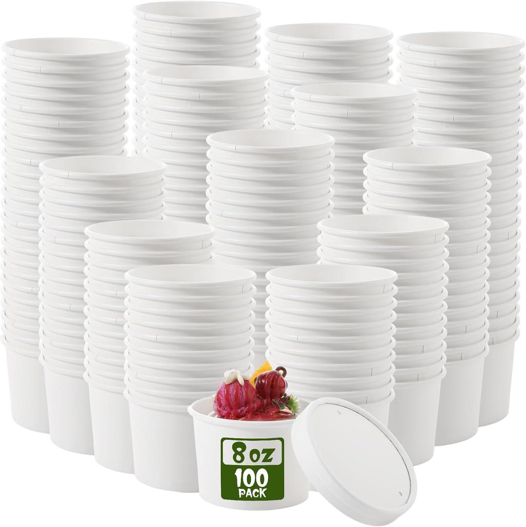 Fulmoon 100 Pack Paper Soup Containers with Lids Disposable Paper Food Containers with Vented Lid Kraft Ice Cream Cake Dessert Cups Soup Bowl for Hot Food Fruit Microwave Restaurant (8 Oz, White)