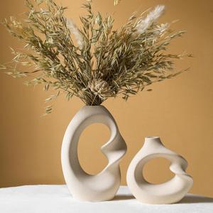 Modern White vase Set of 2, Pampas Grass Ceramic vases for Wedding Party, Aesthetic Flower Vase for Home Decor, Kitchen Tables, Living Room, Bedroom, Console, Wooden Shelf, Office, Coffee Decoration (2 Pcs)