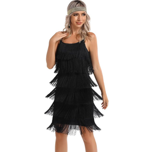 Women's Great Gatsby Flapper Spaghetti Tassel Dress with Headband, 20s Elegant Mini Dress Party Accessory COSTUME OUTFIT (XXL, Black)