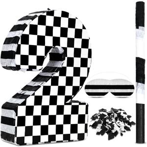 Lewtemi Race Car Number Piata Small Checkered Race Car Birthday Party Decoration Black and White Racing Piata with Stick Confetti Eye Mask for Celebration 15.3 x 10.6 x 2.8 Inch(Number 2)