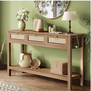SUPERJARE Rattan Console Sofa Table with Outlets and USB-C Port, 3 Drawer Entryway Table