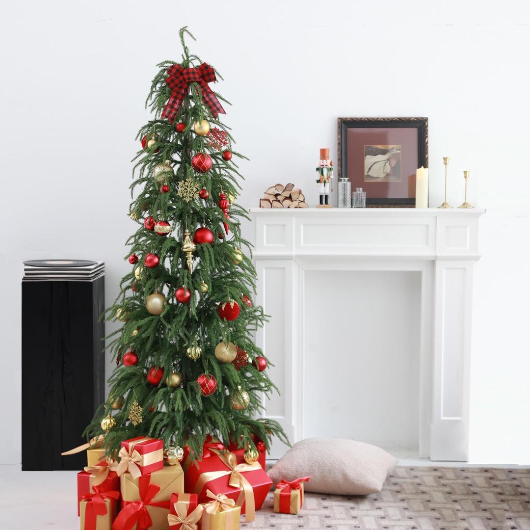 6ft Real Touch Norfolk Prelit Christmas Tree Decorations with 150 UL Listed Warm White led Lights, Lighted Slim Pencil Tree for Baby's First Christmas with 340 PE Tips, Metal Stand, Plug-in