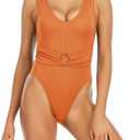 Vogueric Womens One Piece Swimsuit Ribbed O-Ring Belted U-Back Swimwear High Cut Cheeky Bathing Suit M