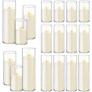 36 PCS Ivory White Pillar Candles with Glass Candle Holders Clear Hurricane Candle Holders Glass Cylinder Vases for Centerpieces Wedding Party, Event, Home Office (18 Candles+18 Candle Hoders)