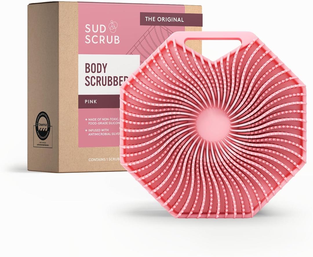 Sud Scrub Antimicrobial Silicone Body Scrubber, Exfoliating Body Brush for Sensitive Skin, Antibacterial Shower Scrubber for Body, Bathroom Essentials for Men & Women, Pink