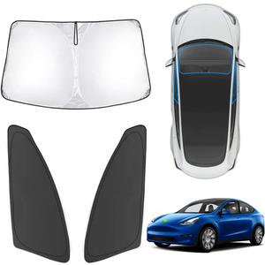 Karltys 3PCS Front and Side Windshield Sun Shade for 2020-2025 Tesla Model Y, 210T Reflective Window Sunshade Custom Fit Model Y, Foldable Sun Visor Protector Keep Your Car Cool