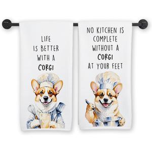 Funny Corgi Dog Kitchen Towels, Gifts for Corgi Lovers Dish Tea Towels, Dog Lover Gifts for Women Men Decorative Hand Towel for Kitchen, 16x24 Inch Set of 2
