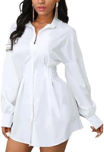 Shirt Dresses for Women Sexy Tops Button Down Shirts Dress Colorful Collar Blouses Long Sleeve Floral Print Loose T-Shirt Size Large, White 