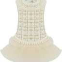 Dog Plaid Dress Lace Tulle Tutu Princess Skirt with Pearls Accessory for Small Girl Dogs Christmas Holiday Wedding Birthday Party (White, L)