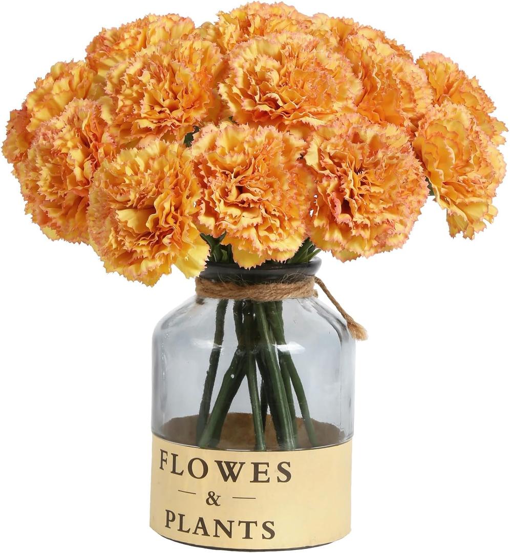 Artificial Carnation Silk Flowers - 15pcs Fake Orange Carnations with Stems for Home Decor, Wedding, Bridal Bouquet, Anniversary, Birthday and Floral Arrangements